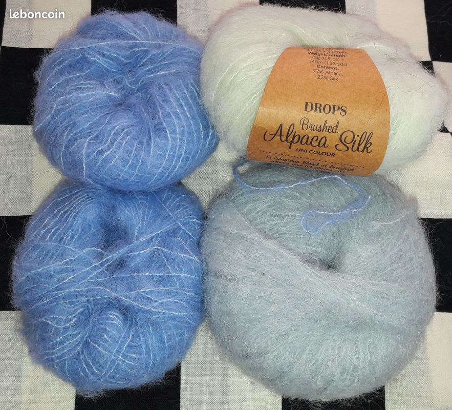 4 pelotes neuves (📏380M-⚖️68G au total) BRUSHED ALPACA SILK 77% alpaga et 23% soie de DROPS 3 coloris assortis (14 BRUME MATINALE + 33 GLACE PISTACHE + 28 BLEU PACIFIQUE) (image 2)