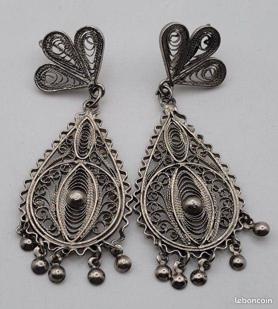 Boucles D'oreilles Vintage En Argent Massif Noir - Style Années 20 - État Excellent - Occasion De Collection