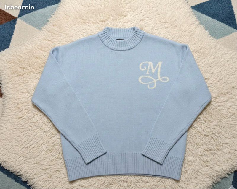 Pull Bleu Ciel Femme Avec Pastilles Argentées Et Dos Transparent Noué - Taille L (42) - Occasion TBE
