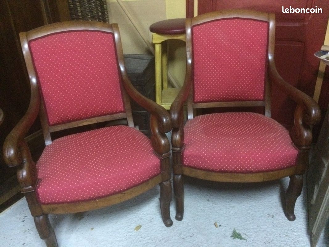 2 fauteuils bois et tissu rouge framboise (image 1)