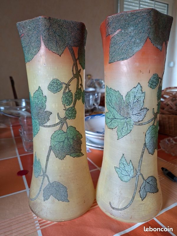 Paire vase art nouveau legras modèle houblons emaille design tendance cottage shabby (image 1)