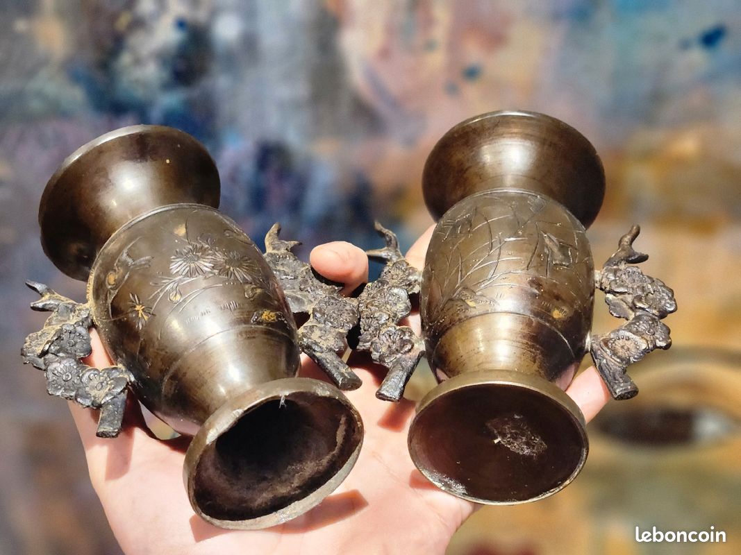 Jolie paire vases bronze XIXe asiatiques (image 2)