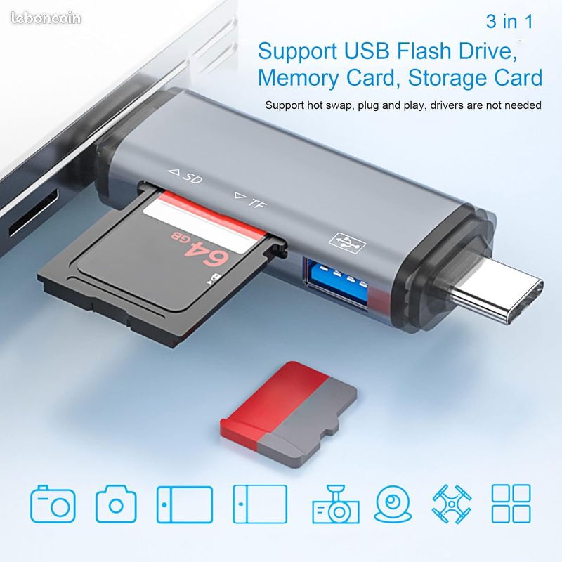 Lecteur Carte SD/Micro SD USB-C Et USB 3.0 2-en-1 - Adaptateur Double Slot, Vitesse 5 Gbps - Compatible Smartphone PC