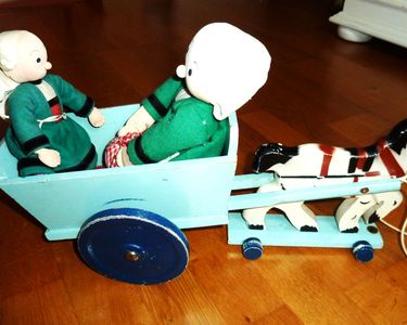 Ancien Jouet En Bois – 2 Chevaux Tirant Une Charrette – Marque BABYJOU – Clairbois