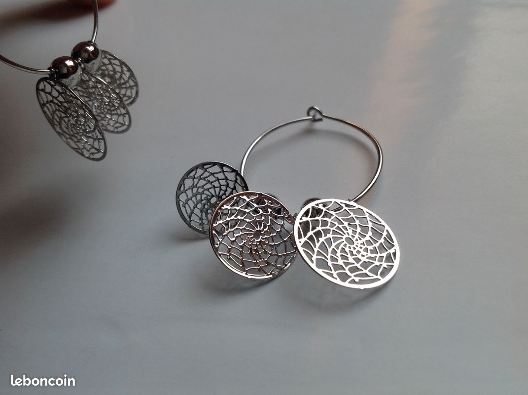 BOUCLES OREILLES MÉTAL ARGENTÉ TOILE ARAIGNÉE PIÈGE à RÊVES Envoi Possible (image 2)