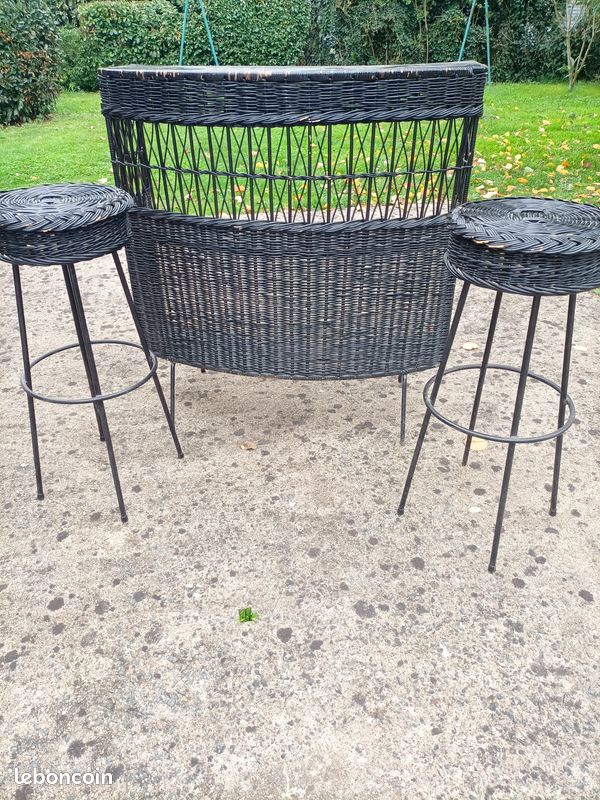 Bar vintage osier tressé avec 2 tabourets (image 3)