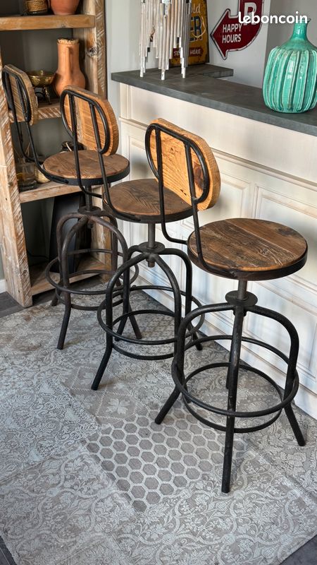 3 Tabourets / Chaises de Bar Style Industriel avec dossiers pivotants réglables – orme & métal (image 3)