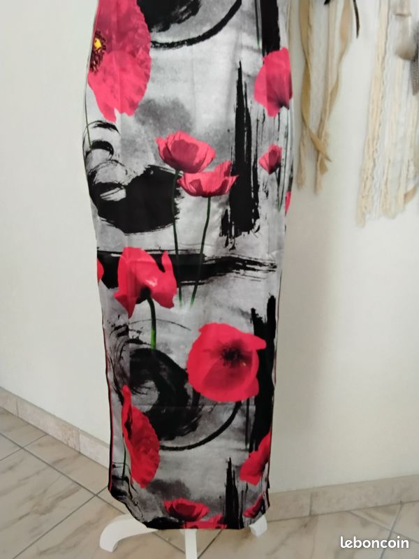 Robe longue cheongsam, noir et rouge, coquelicot (image 3)