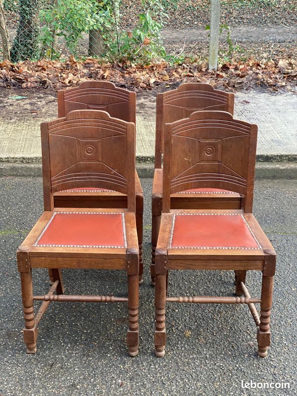 4 chaises gondoles art déco en bois massif chêne cuir skaï bordeaux 1930 (image 1)