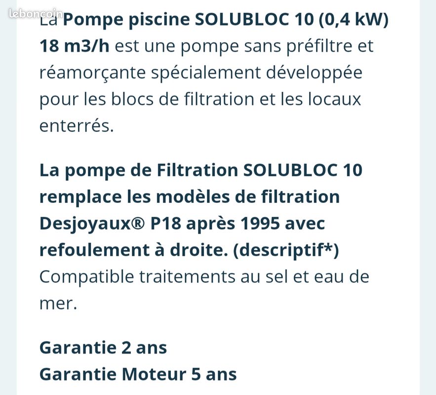 Pompe Solubloc 10 compatible Desjoyaux P18 (image 2)