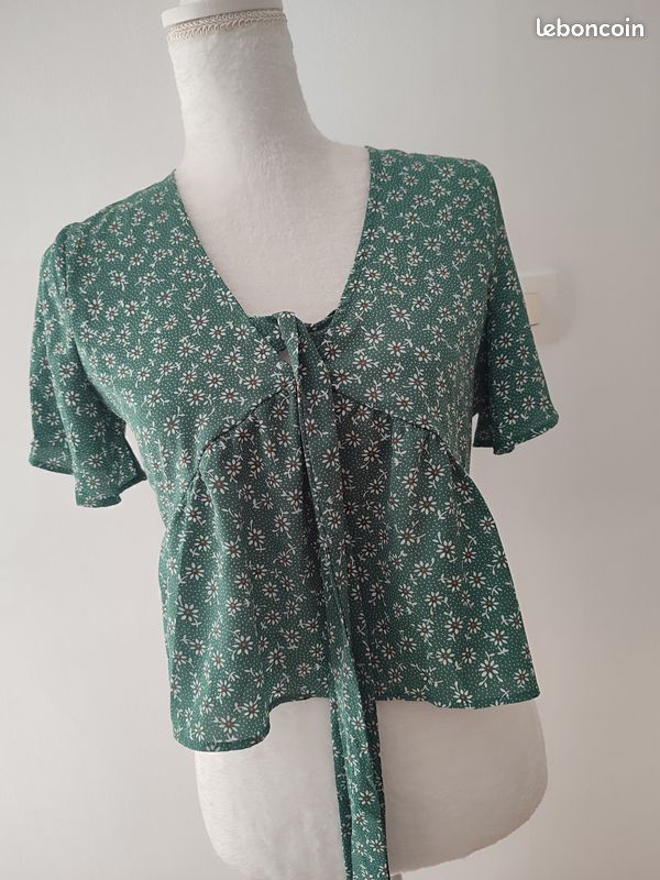 Top blouse motif fleurs vert S 36 (image 2)