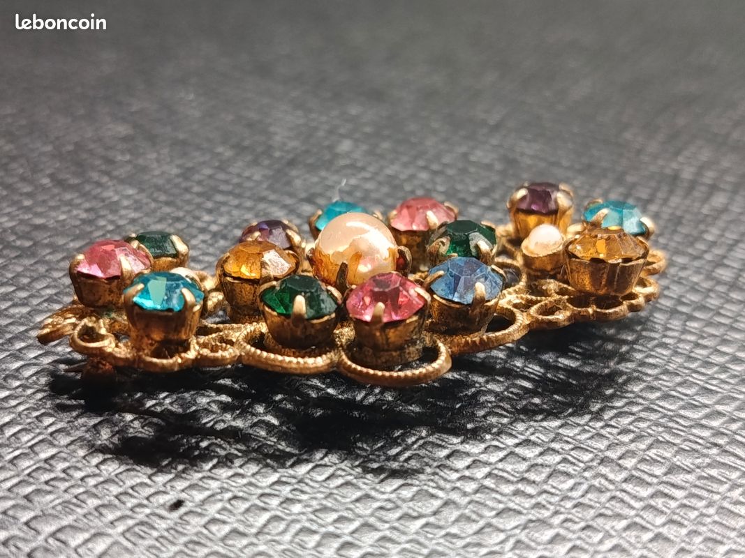 Broche Ancienne Vintage Ronde Avec Strass Multicolore - Années 1950, No2