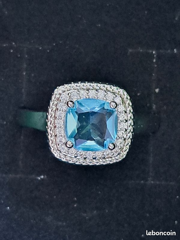 Bague En Argent 925 Avec Zircon Bleu - Taille 56/57 - Occasion