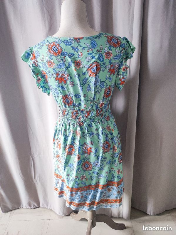 Robe d'été cache cœur turquoise fleurie rouge orangé vintage bohème T38 (image 3)