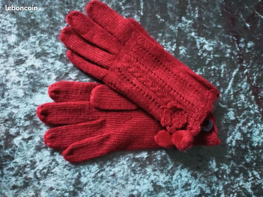 Gants Femme Laine Bordeaux, Pois Et Fins Simili – Style Vintage Rétro Pinup (Neuf Avec étiquettes)
