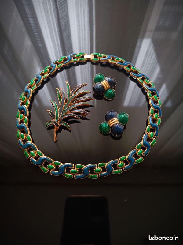 Collier Vintage En Métal émaillé – Bleu, Vert Et Doré, Bijou Rétro Unique