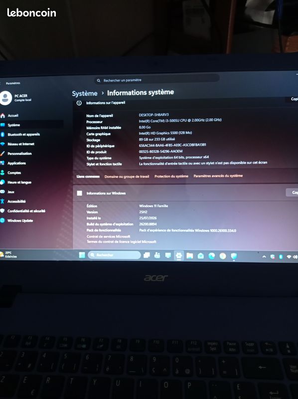 PC portable ACER Aspire i3 RAM 8go SSD 256go Windows 11 famille Pack Office 2021 pro plus Batterie neuf (image 4)