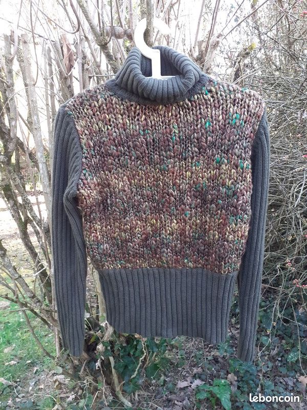 Pull court original col roule tricot vert kaki marron Vintage T