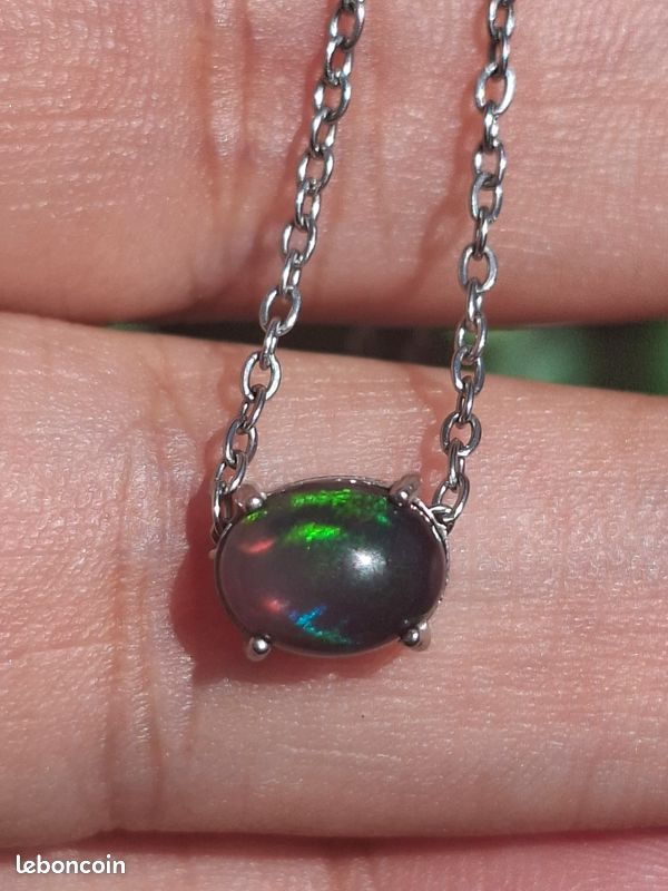 Collier acier inoxydable avec opale coulissante noire/verte de 8x5mm éthiopienne (image 7)
