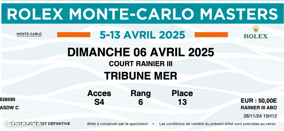 ATP Tour Rolex MonteCarlo Masters 2025 Billetterie