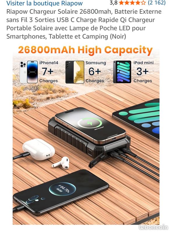 Batterie Externe 26800 MAh Charge Rapide Chargeur Portable Solaire Avec Lampe De Poche Led Pour Smartphones Tablette Et Camping