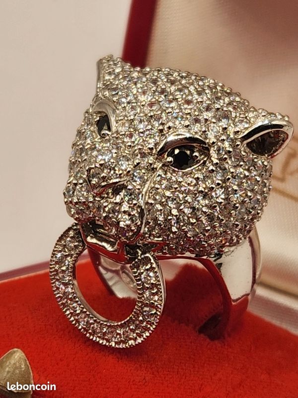 Bague Panthère Argentée Avec Strass - Ajustable - Alliage Acier - Neuf Sans Emballage