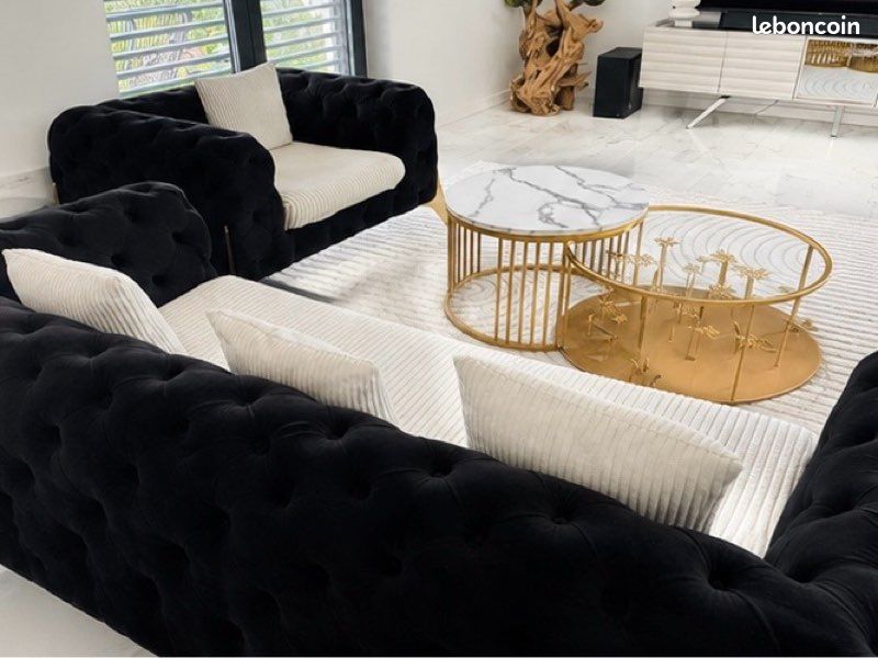 Canapé capitonnée noir design élégant fauteuil sofa salon (image 5)