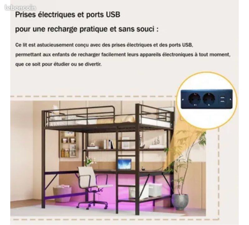 Lit mezzanine avec bureau + led (image 3)