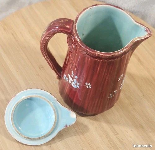Ancien Rare Cafetière Rouge A Couvercle Barbotine Fleurs Émaillée KG LUNÉVILLE (image 15)