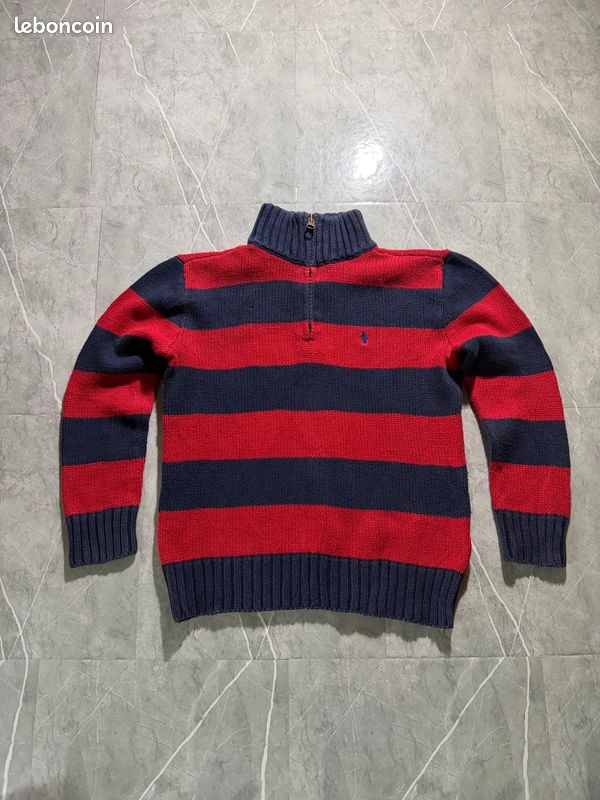 Pull col roulé polo ralph lauren, rayé rouge marine grosse maille, taille 7 ans enfant #MPERL1 (image 1)