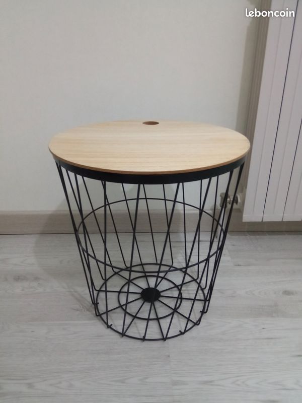 Table basse d'appoint panier filaire noire et bois – Style Industriel / Scandinave (image 2)