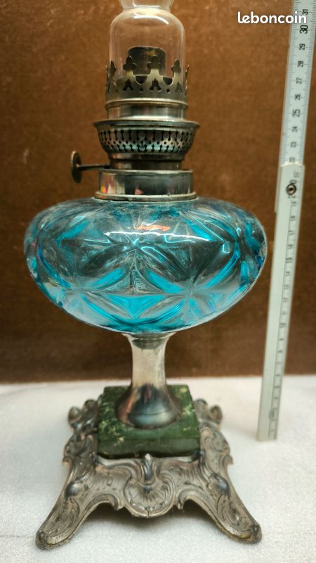 Lampe à Pétrole Ancienne Verre Turquoise Cosmos 8 Brûleurs Vers 1900 - Style Art Nouveau