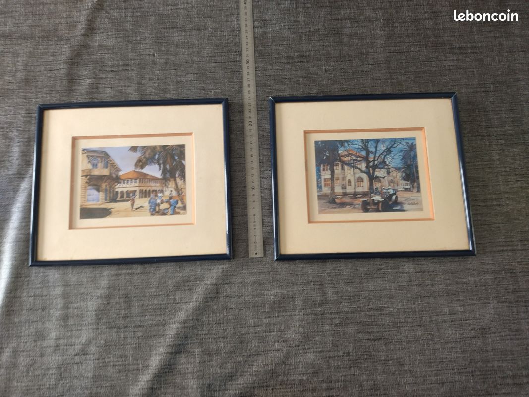 Paire de tableaux vintage encadrés - Scènes coloniales / Voyage - 1989 (image 1)