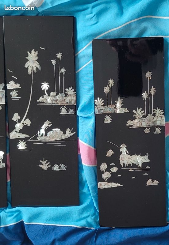 Lot 4 panneaux Vietnamiens laque noir et nacre veritable (image 1)