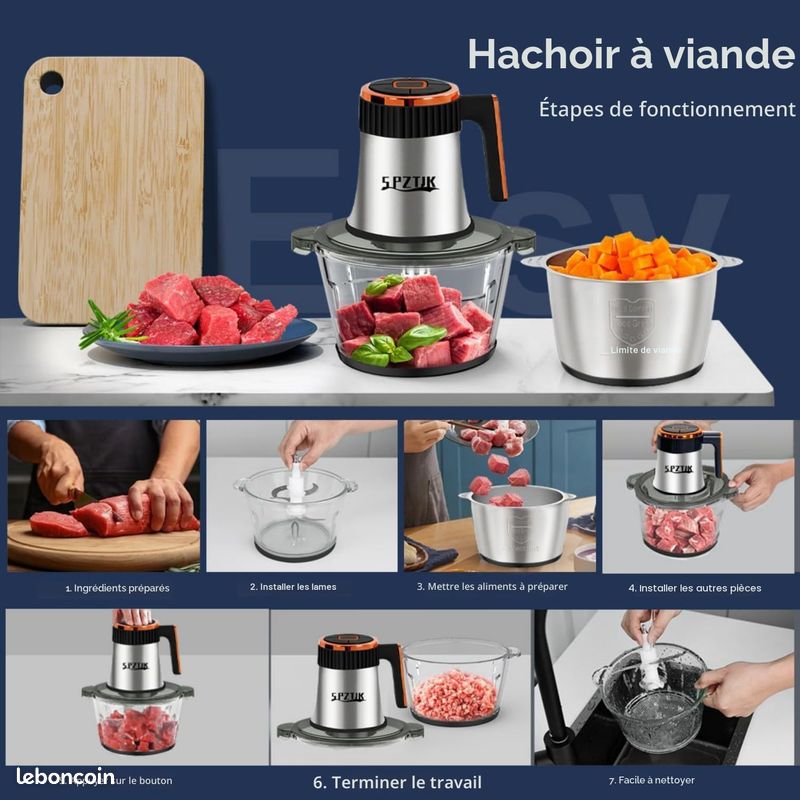 Hachoir à Viande Électrique 2000W 5-en-1 – Robot Multifonction Avec 4 Lames, 3 Grilles, Kit Saucisses, Kebbeh & Biscuits