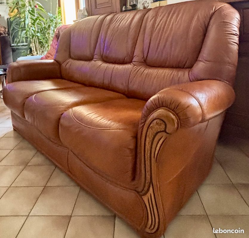 Ensemble canapé - 2 fauteuils cuir marron (image 3)