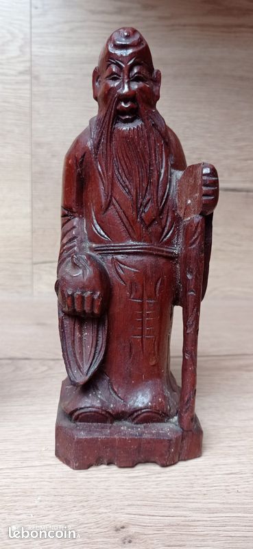 Ancienne grande statue / sculpture chinoise en bois, Shou Lao et enfants Ancienne grande statue / sculpture chinoise en bois, Shou Lao et enfants