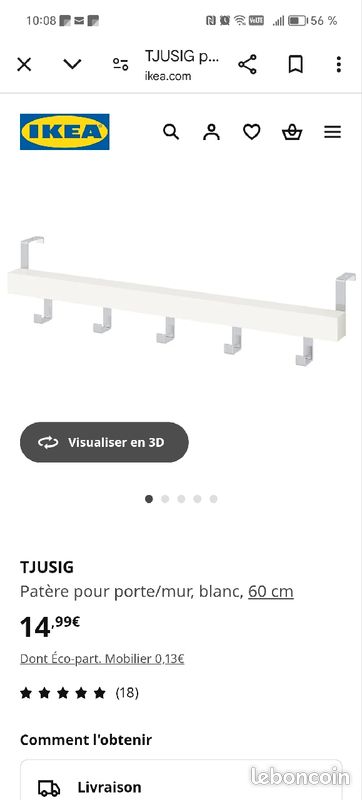 Tjusig Patere De Porte Ikea Tjusig Patère Pour Porte/mur, Blanc, 60