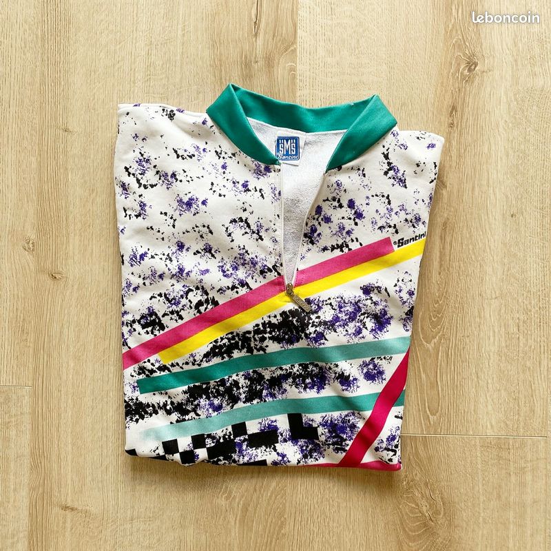 Maillot Cycliste Vintage Santini – Homme 2XL – Polyester à Carreaux – Années 90