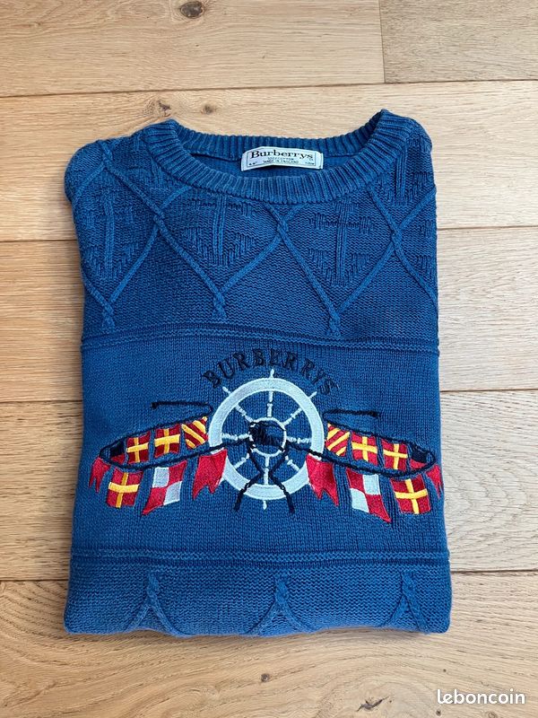 Pull Burberrys Vintage Made in England – Broderie nautique –100% Coton – Bleu Taille XL (image 1)