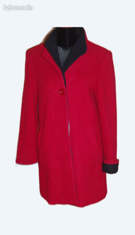 Manteau en laine et cachemire rouge et noir un jour ailleurs t 1 comme neuf (image 1)