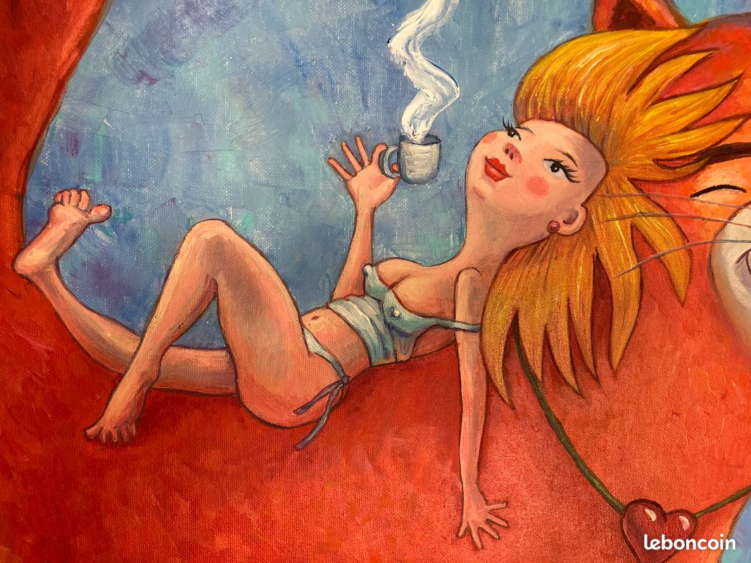 Tableau Femme allongé sur geant chat rouge (image 4)