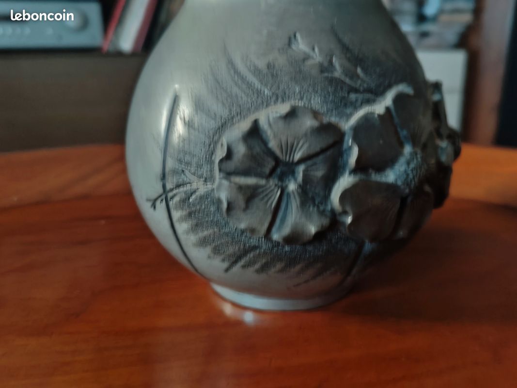 Gros Vase Boule En Céramique Noire - Style Art Déco - Signé à Identifier