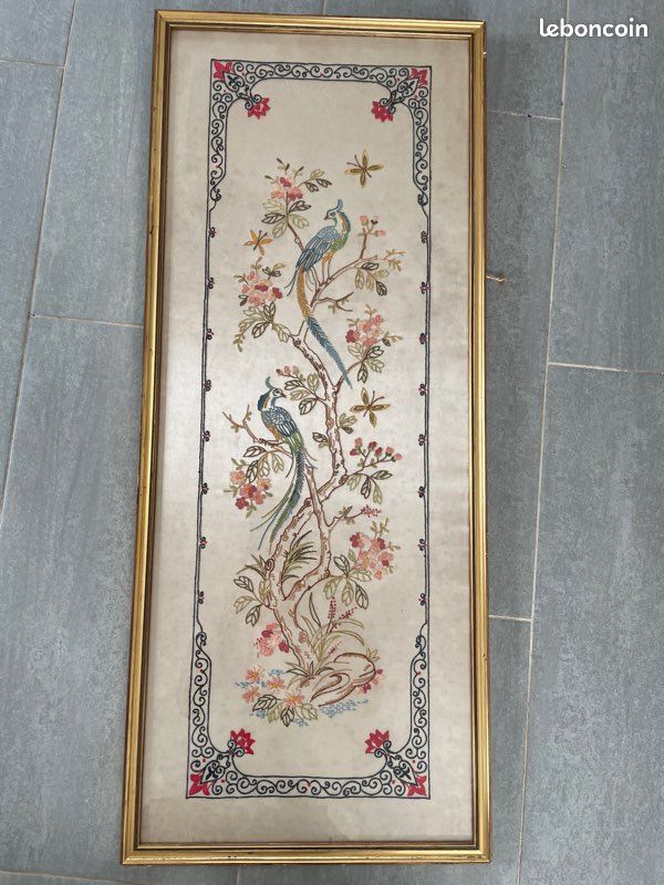 Brodere de soe chnose vntage encadrée, panneaux d'art oseaux