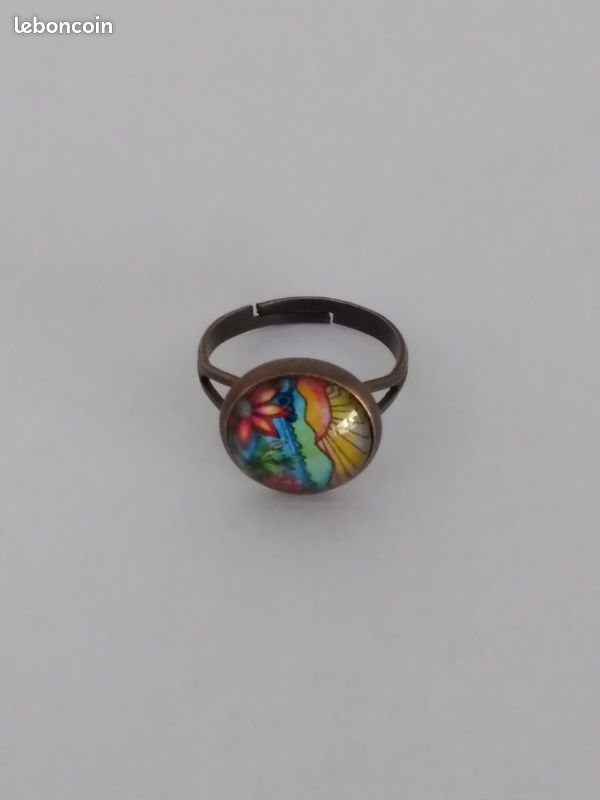 Bague vintage cabochon rond verre et cuivre réglable (image 1)