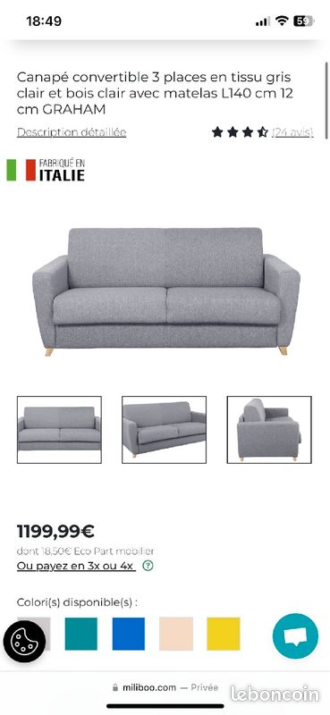 Canapé Miliboo Graham Convertible 3 places en tissu avec matelas 140x190cm (image 6)