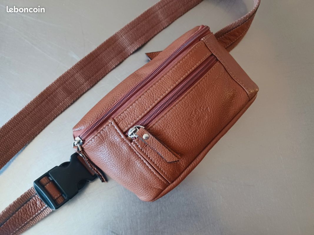 Superbe sac banane fine etroite discrète cuir camel katana (image 1)