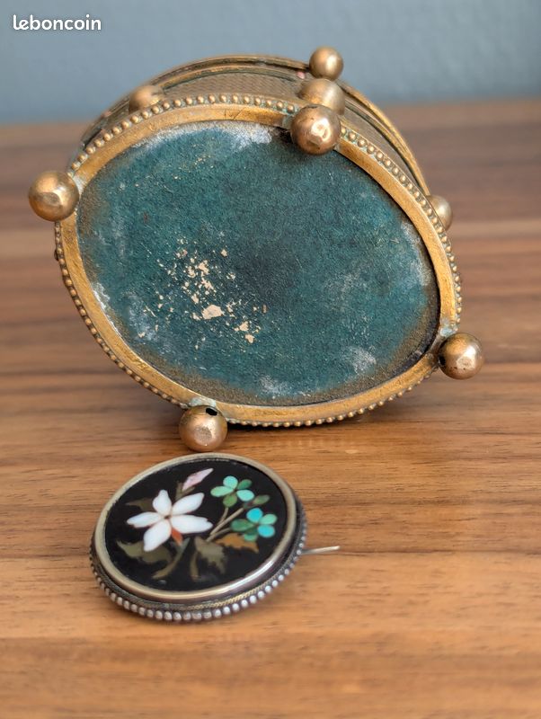 Lot mosaique florentine coffret bronze XIXe broche argent pietra dura (image 5)