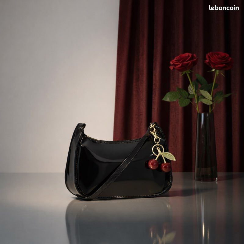 Sac baguette noir vernis + pendentif cerises 🍒tendance Y2K femme (image 3)