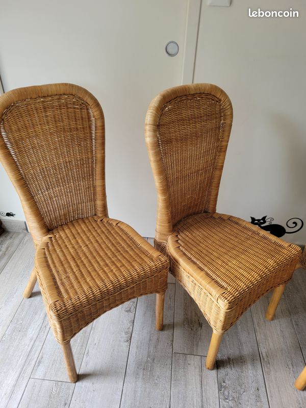 Lot de 4 chaises en rotin naturel tressé – Dossier haut – Style vintage (esprit colonial) (image 7)